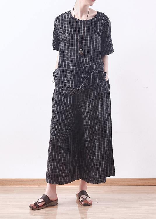 Summer Black Plaid Silk Loose T Shirt With Wide Leg Pants Two Pieces