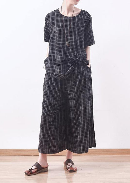 Summer Black Plaid Silk Loose T Shirt With Wide Leg Pants Two Pieces
