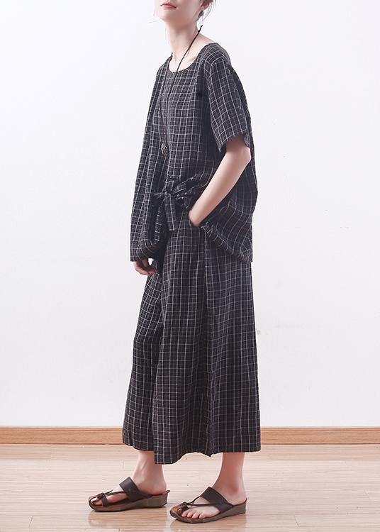 Summer Black Plaid Silk Loose T Shirt With Wide Leg Pants Two Pieces
