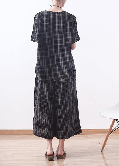 Summer Black Plaid Silk Loose T Shirt With Wide Leg Pants Two Pieces