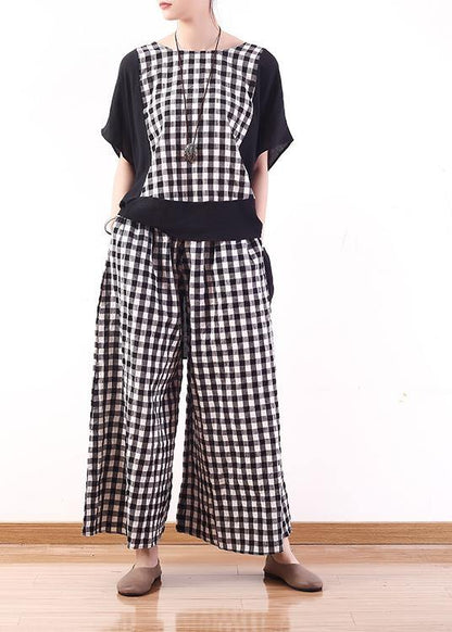 Summer Cotton Linen Two Pieces Black White Plaid Patchwork Tops and Elastic Waist Wide Leg Pants