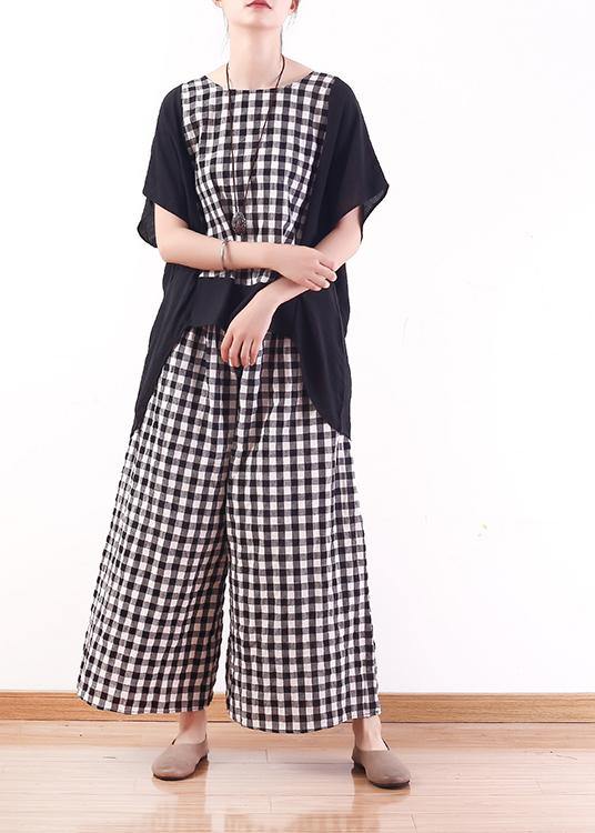Summer Cotton Linen Two Pieces Black White Plaid Patchwork Tops and Elastic Waist Wide Leg Pants