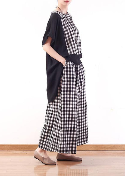 Summer Cotton Linen Two Pieces Black White Plaid Patchwork Tops and Elastic Waist Wide Leg Pants