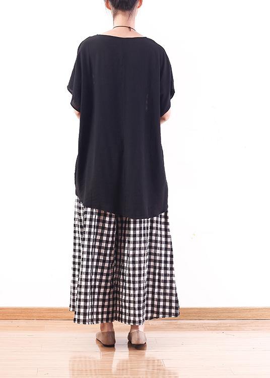 Summer Cotton Linen Two Pieces Black White Plaid Patchwork Tops and Elastic Waist Wide Leg Pants