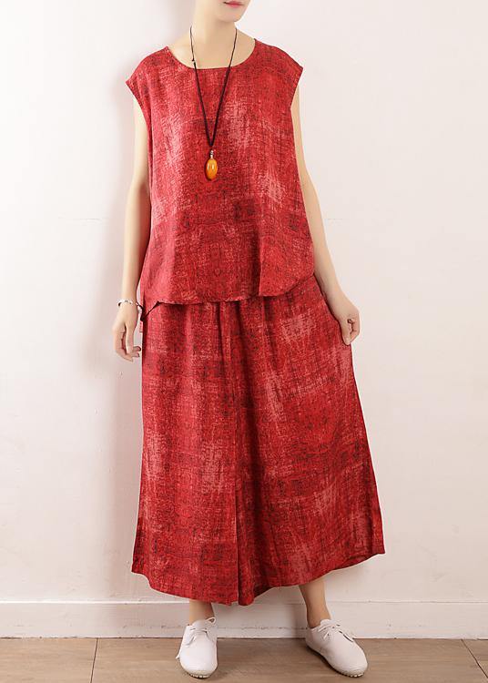Summer Linen Two Pieces Red Sleeve Tops With Wide Leg Pants