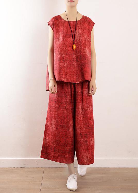 Summer Linen Two Pieces Red Sleeve Tops With Wide Leg Pants