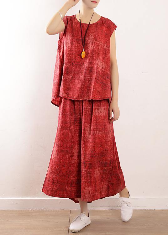 Summer Linen Two Pieces Red Sleeve Tops With Wide Leg Pants