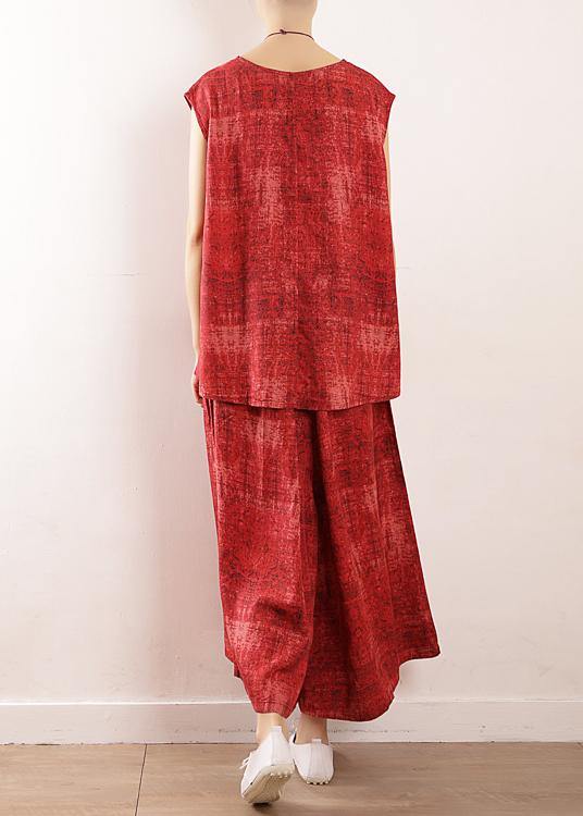 Summer Linen Two Pieces Red Sleeve Tops With Wide Leg Pants