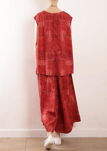 Summer Linen Two Pieces Red Sleeve Tops With Wide Leg Pants