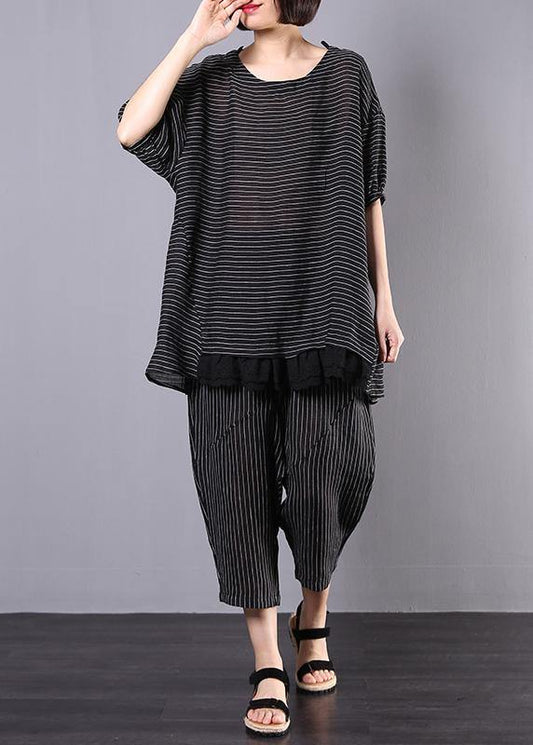 Summer Two Pieces Black Striped Patchwork Tops and Elastic Waist Pants