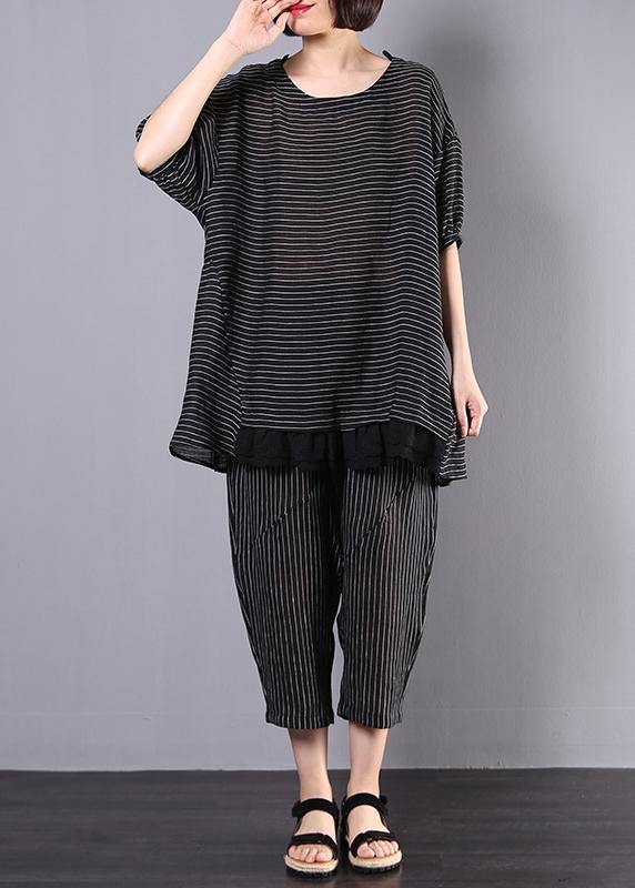 Summer Two Pieces Black Striped Patchwork Tops and Elastic Waist Pants