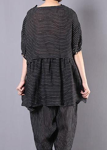 Summer Two Pieces Black Striped Patchwork Tops and Elastic Waist Pants