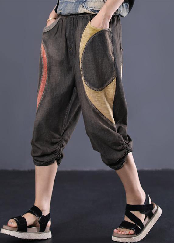Summer Chocolate Cotton Pants Elastic Waist Patchwork Cinched Jeans