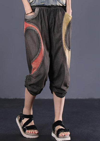 Summer Chocolate Cotton Pants Elastic Waist Patchwork Cinched Jeans