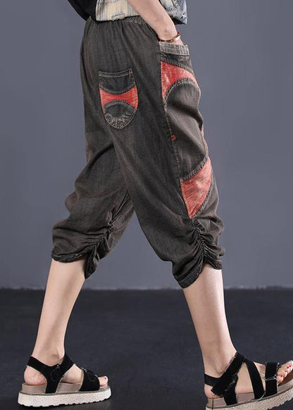 Summer Chocolate Cotton Pants Elastic Waist Patchwork Cinched Jeans