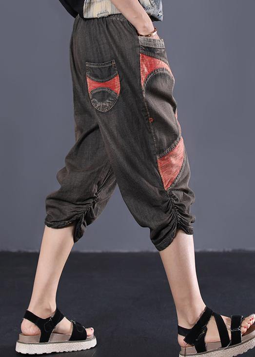 Summer Chocolate Cotton Pants Elastic Waist Patchwork Cinched Jeans
