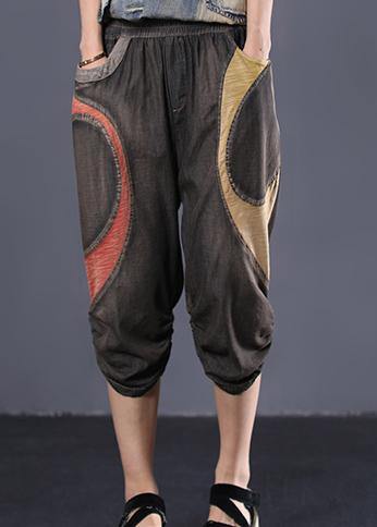 Summer Chocolate Cotton Pants Elastic Waist Patchwork Cinched Jeans