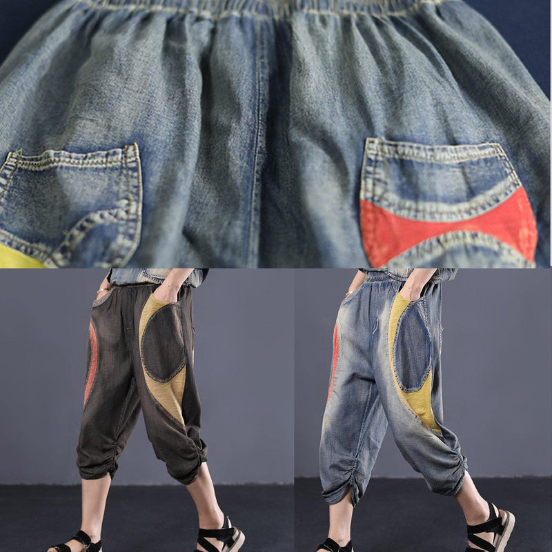 Summer Chocolate Cotton Pants Elastic Waist Patchwork Cinched Jeans