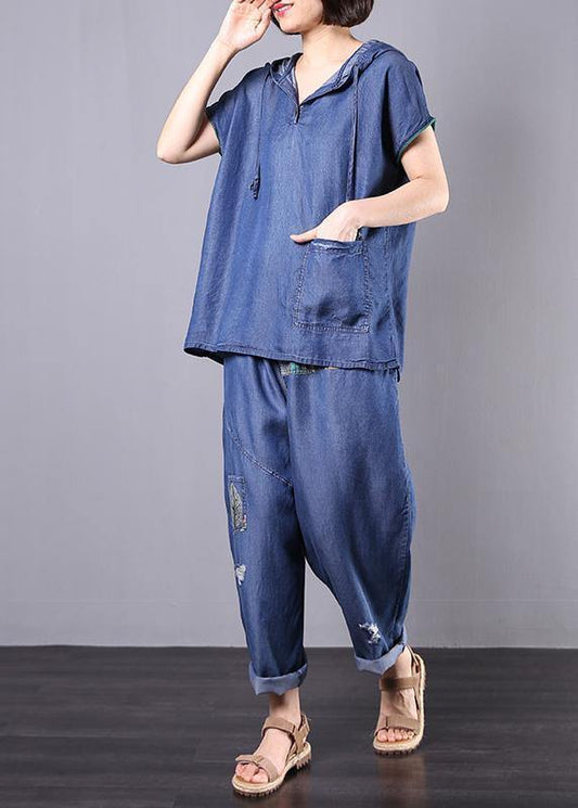 Summer Cotton Blended Blue Hooded Tops With Elastic Waist Pants Two Pieces
