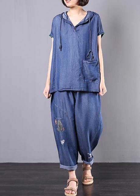 Summer Cotton Blended Blue Hooded Tops With Elastic Waist Pants Two Pieces