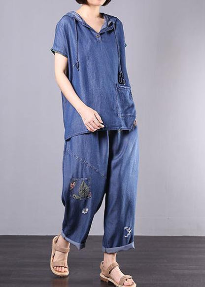 Summer Cotton Blended Blue Hooded Tops With Elastic Waist Pants Two Pieces
