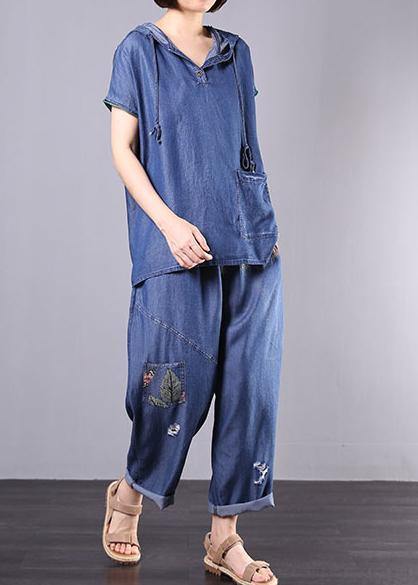 Summer Cotton Blended Blue Hooded Tops With Elastic Waist Pants Two Pieces