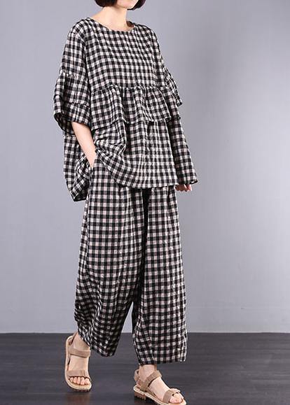 Summer Cotton Linen Two Pieces Black Plaid Ruffles Sleeve Blouse With Wide Leg Pants