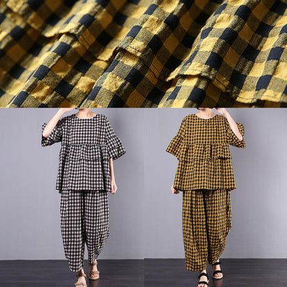 Summer Cotton Linen Two Pieces Black Plaid Ruffles Sleeve Blouse With Wide Leg Pants