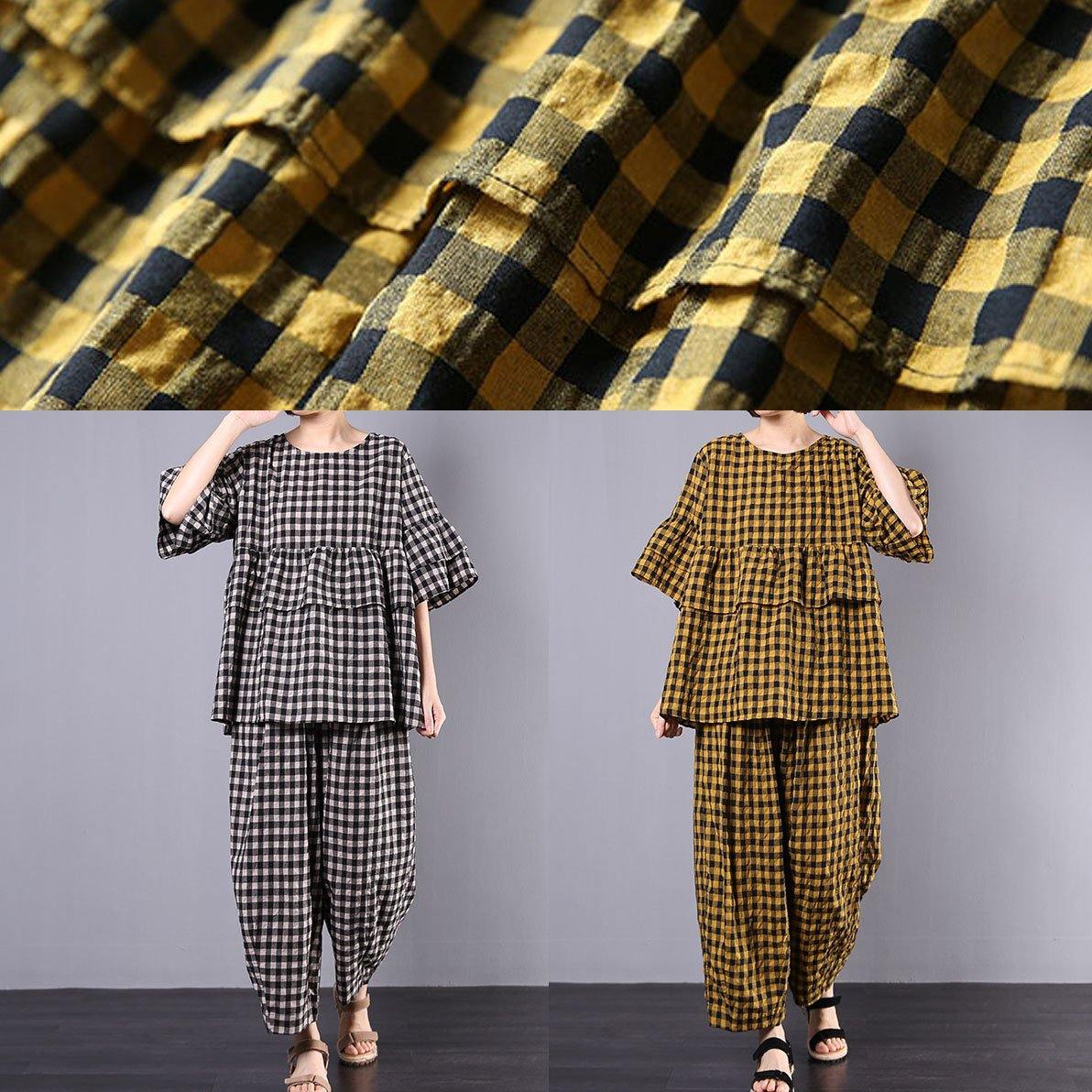 Summer Cotton Linen Two Pieces Black Plaid Ruffles Sleeve Blouse With Wide Leg Pants