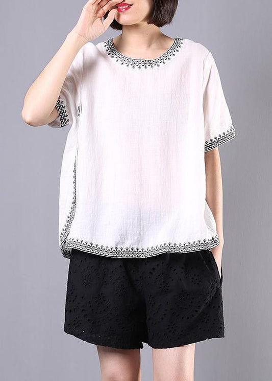 Summer Cotton Linen White Embroidery O Neck Tops and Hollow Out Shorts