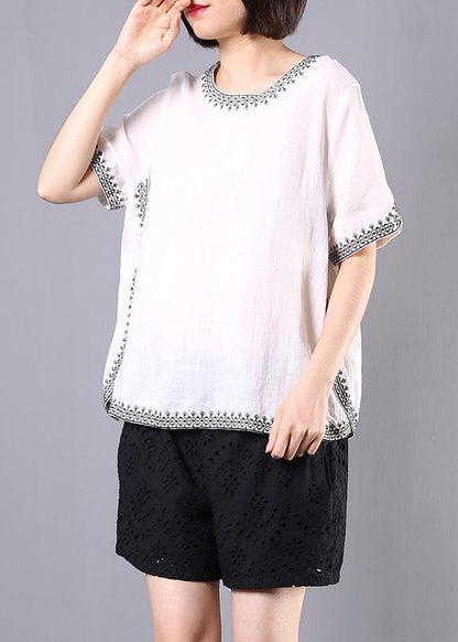 Summer Cotton Linen White Embroidery O Neck Tops and Hollow Out Shorts