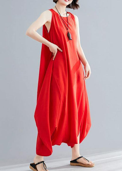 Summer Cotton Red Loose Jumpsuit Pants Stylish Sleeveless Harem Pants