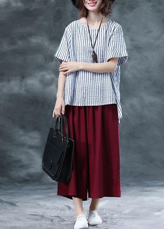 Summer Cotton Two Pieces Black Striped Asymmetric Hem Tops and Red Crop Pants