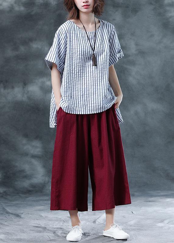 Summer Cotton Two Pieces Black Striped Asymmetric Hem Tops and Red Crop Pants