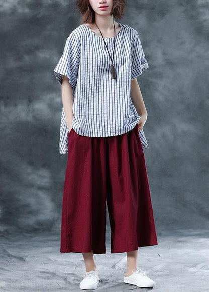 Summer Cotton Two Pieces Black Striped Asymmetric Hem Tops and Red Crop Pants
