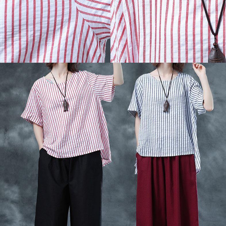 Summer Cotton Two Pieces Black Striped Asymmetric Hem Tops and Red Crop Pants