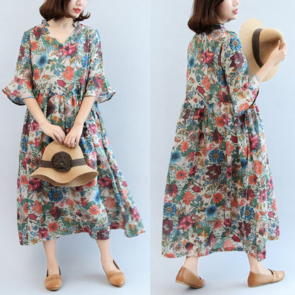 Summer Cotton Blend Sundress Oversize Bracelet Sleeved Maxi Dress