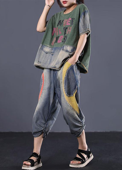 Summer Green Cotton Clothing Patchwork Alphabet Two Pieces