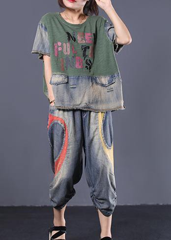 Summer Green Cotton Clothing Patchwork Alphabet Two Pieces