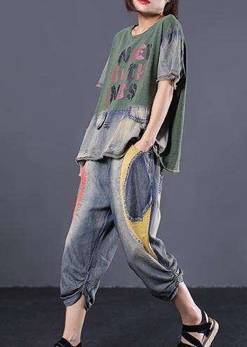Summer Green Cotton Clothing Patchwork Alphabet Two Pieces