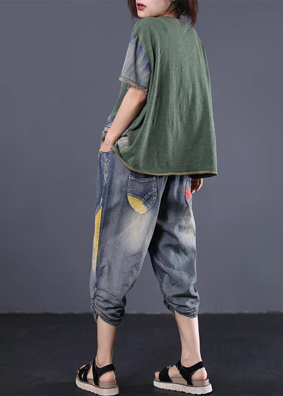 Summer Green Cotton Clothing Patchwork Alphabet Two Pieces