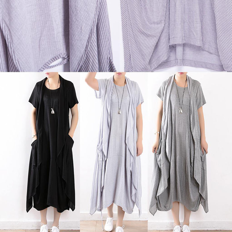 Summer Light Blue Linen Sleeveless Outwear Dress Two Pieces