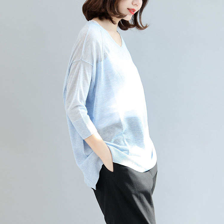 Summer Light Blue Stylish Loose T Shirt Long Sleeve Blouse