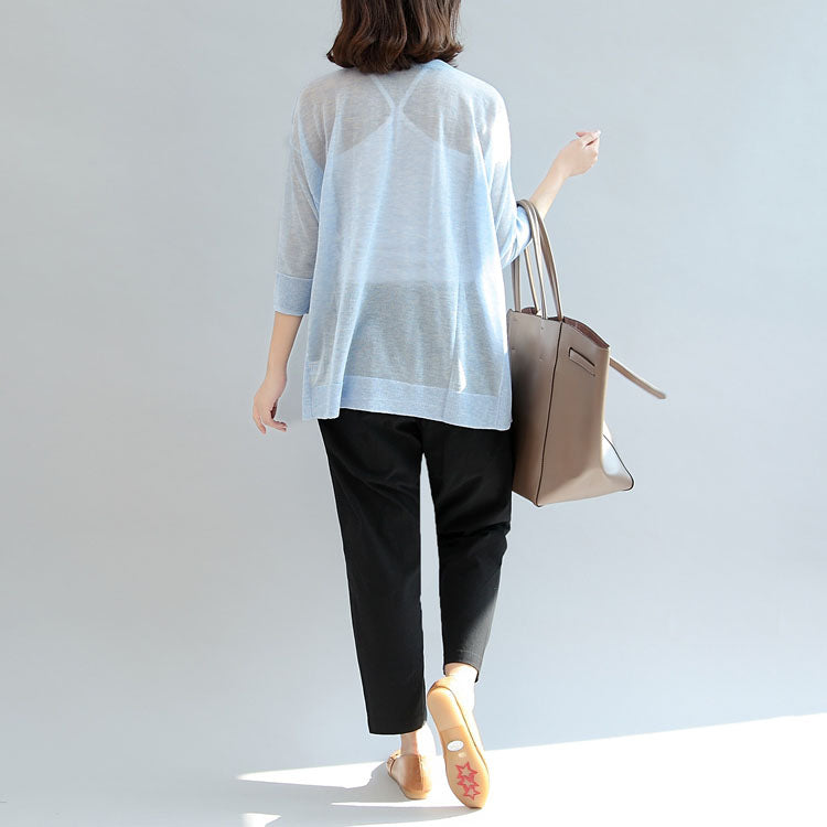 Summer Light Blue Stylish Loose T Shirt Long Sleeve Blouse
