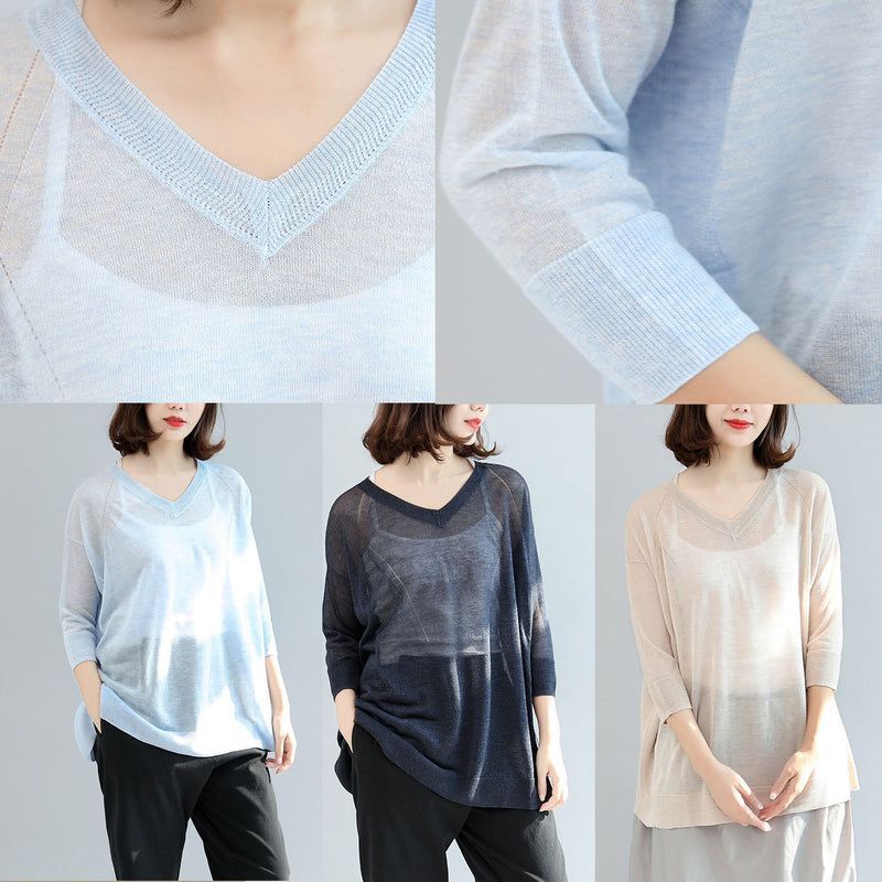 Summer Light Blue Stylish Loose T Shirt Long Sleeve Blouse
