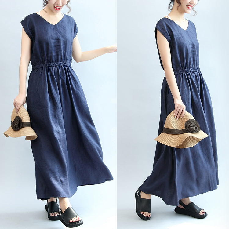 Summer Navy Linen Sundress V Neck Maxi Dress