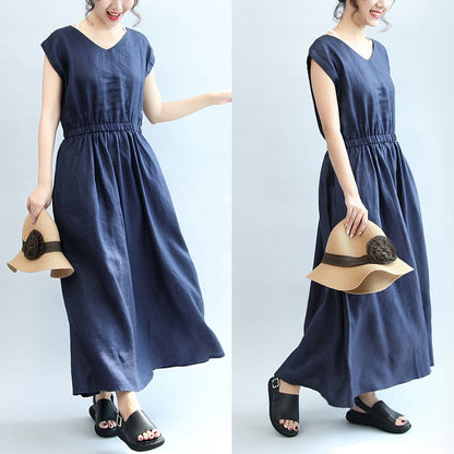 Summer Navy Linen Sundress V Neck Maxi Dress