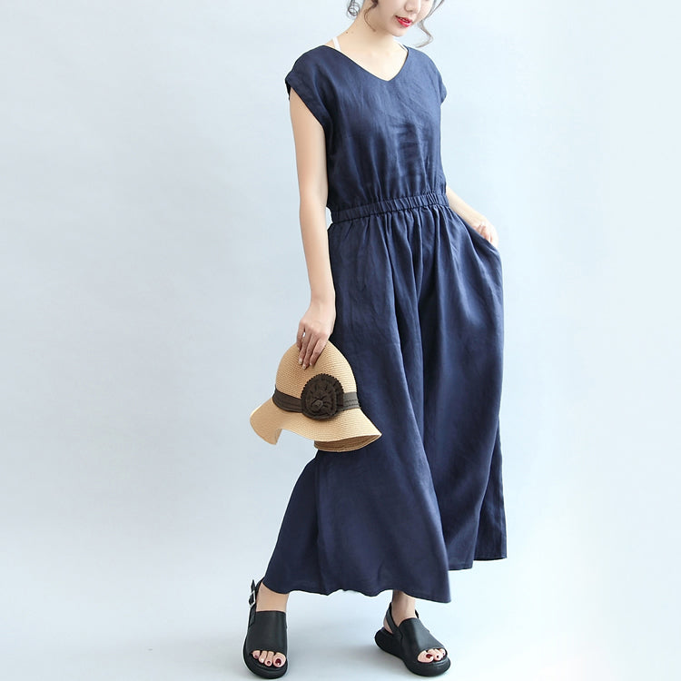 Summer Navy Linen Sundress V Neck Maxi Dress