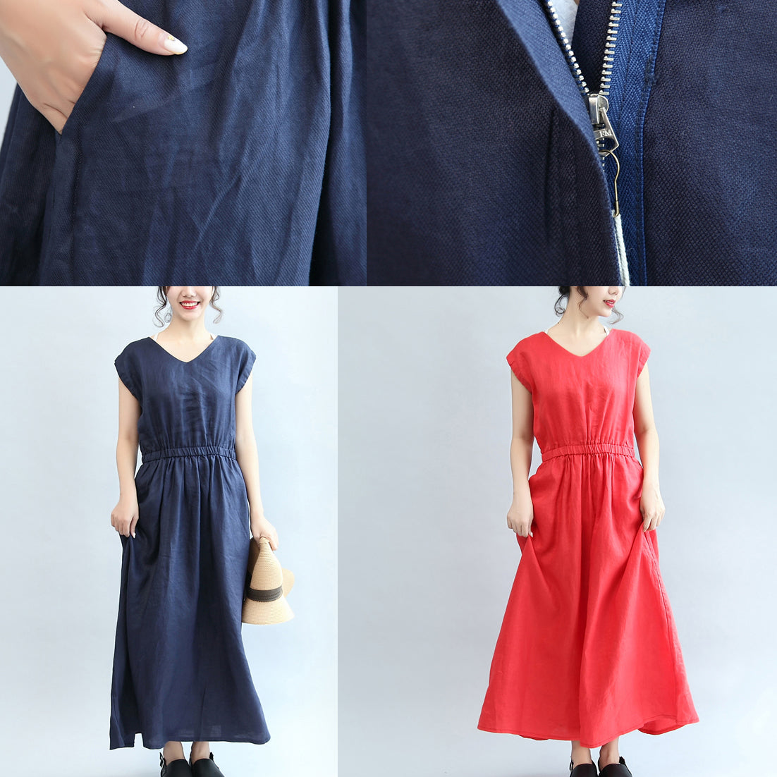 Summer Navy Linen Sundress V Neck Maxi Dress