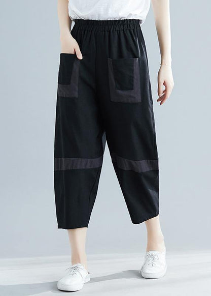 Summer New Black Blended Cotton Pants Elastic Crop Pants